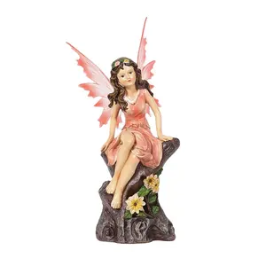 Solar Powered Fairy Statue Decorative Figurine on Branch Garden Gnome Sculpture for Home Garden Decoration