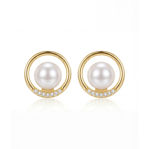 Boucles d'oreilles clous en cuivre plaqué or 18 carats avec cercle ouvert, zircon cubique et perle blanche pour femme, bijoux modernes en zircon et perles, cadeau idéal - Product Image 1