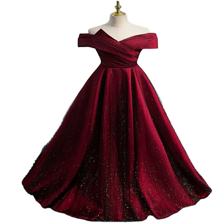 open lace back dress Chic Off-The-Shoulder Burgundy Shining Sequined Long Prom Party Gowns with Fur main image 1