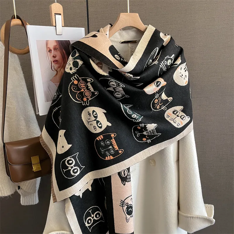 Moda Europeia Hotsale Funny Cat Padrão Cashmere Scarves 185*65 CM Grosso Inverno Quente Cachecol Para As Mulheres Cat Pashmina Xales