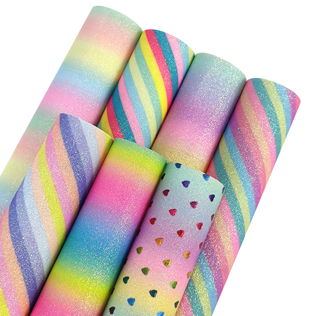 Rainbow Stripes Printed Fine Glitter leather For Crafts Custom Glitter Faux Leather Sheets Earring Bows Leather Working 8"x12"