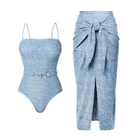 Ensemble de maillots de bain 2 pièces imprimé 2026 : Maillot une pièce sans bretelles et bikini avec jupe de plage, logo frontal, séchage rapide et écologique