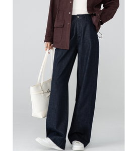 Jean large taille haute pour <span class=keywords><strong>femme</strong></span>, <span class=keywords><strong>bleu</strong></span> <span class=keywords><strong>marine</strong></span>, style vintage américain, coupe droite décontractée, amincissant, pour le printemps - Product Image 1