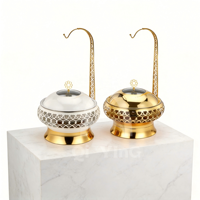 Nouveau Réchaud de Luxe Blanc et Doré 8L Rond pour Buffet avec Couvercle en Verre Visible et Support Suspendu pour Hôtels, Mariages et Traiteurs