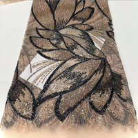 Tissu en dentelle perlée à sequins, broderie 3D feuille, dentelle lourde perlée, maille transparente brodée de perles pour robe de bal haute couture