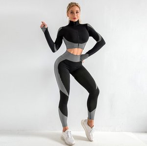 Di Vendita caldo di <span class=keywords><strong>Fitness</strong></span> 3pcs di Yoga Set Personalizzato Private Label Manica Lunga A Vita Alta Dei Pantaloni Delle Donne Senza Soluzione di Continuità 3 Pezzo di Allenamento set - Product Image 1