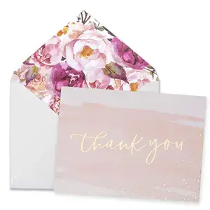 Custom Printing Luxury Pink Gold Foil Blank Thank You Cards with Logo Greeting Thank You Card for Business Wedding and Bridal