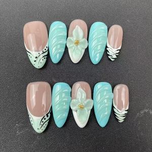 Vente en gros d'usine : Ongles à presser en amande faits main de haute qualité, style sculpté 3D vert joyeux, réutilisables - Product Image 4