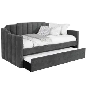 Hiện đại nhìn kênh tufted thiết kế màu xám nhung bọc giường đôi với kéo ra trundle