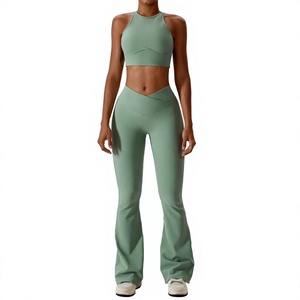 Women Yoga Set Ribbed High Waist Flared <b>Leggings</b> Spaghetti Strap <b>Crop</b> Top Solid Green Activewear 2 Piece Seamless Breathable - Product Image 2