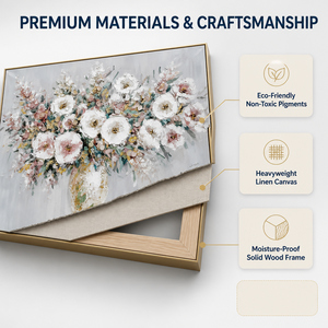 Bouquet floral romantique sur toile, peinture de fleurs roses et blanches, art mural avec cadre en bois doré - Product Image 4