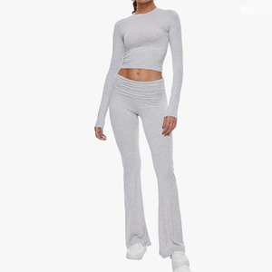 Wholesale Women T Shirt Pants <b>Set</b> Crew Neck Low Waist Flare Leg Regular Fit Casual Streetwear Outfit Private Label Custom - Product Image 3