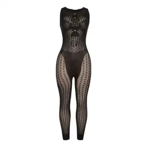 Summer patchwork club wear cut out mesh see through jumpsuit for women black bodycon sexy lace one piece sleeveless jumpsuit