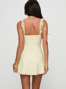 Women's Vintage 100% Cotton Embroidered Yellow Lace Mini Dress Square Neck Ruffle Strap A-line Sweet Party Dress for Summer - Product Image 5
