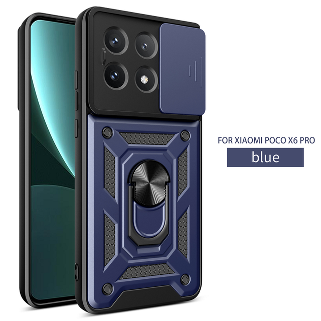 POCO X6 Pro Cellphone Case Shockproof PC+TPU Cover with Ring Holder Kickstand for Xiaomi Camera Slide Back Cover