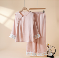 Ensemble de pyjama 2 pièces en fibre de bambou double gaze style chinois pour femme, pull à manches longues et pantalon long, vente en gros