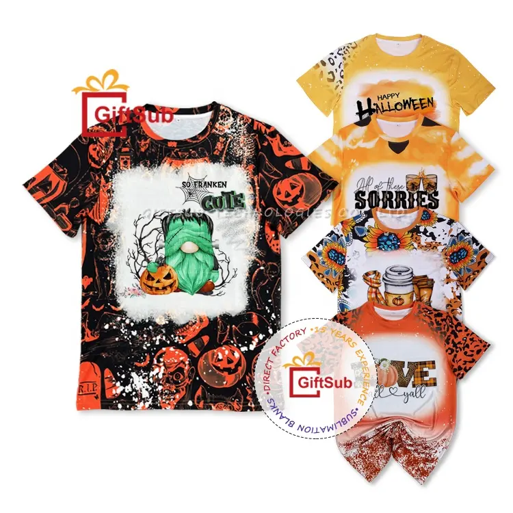 GiftSub Factory Halloween Design Bleached Tees Unisex Sublimation Plain Faux Bleached Polyester T-shirts For Custom Print