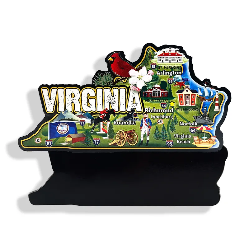 Customized VIRGINIA souvenir custom made shape embossed 3D metal US fridge magnet