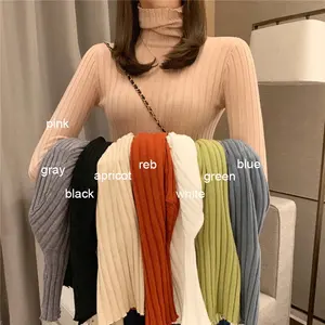 Spring autumn turtleneck pullover rib knit top women's solid color thin long sleeve knitwear casual basic sweater