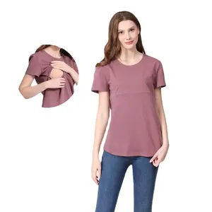 Summer Maternity T Shirt Breastfeeding Clothes Nursing Horizontal Zipper Lactation Top Soft Cotton Plus Size S To 4XL