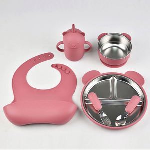 Juego de alimentación para bebés seguro y no tóxico, de acero inoxidable 304, con plato, tazón, taza, cuchara y tenedor de silicona con diseño de dibujos animados y ventosa, para el aprendizaje de niños pequeños - Product Image 1