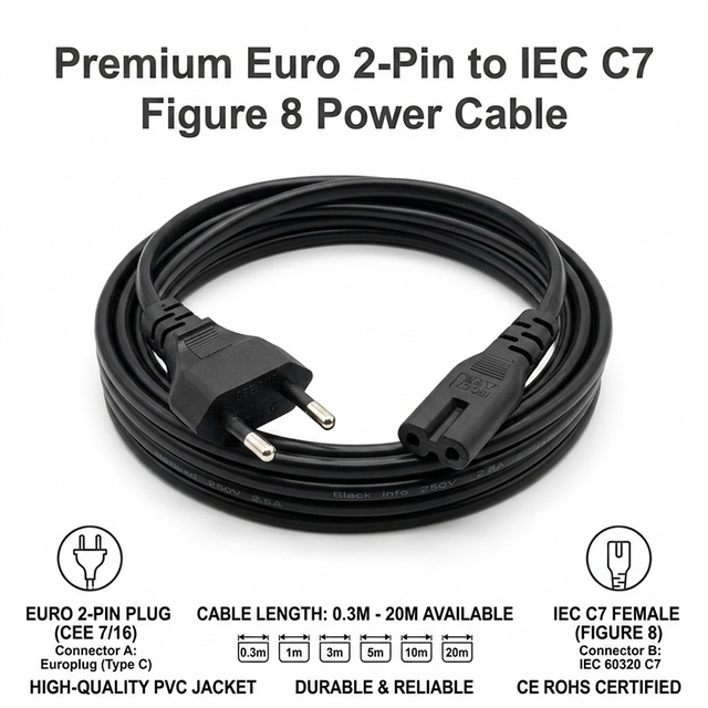 5FT 6FT 10A EU Standard to Figure 8 C7 2Pin Plug AC Power Cable Lead Cord for Coffee Maker TV Audio
