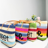 Sac fourre-tout en paille crochetée à rayures arc-en-ciel, broderie lettre, sac de plage à bandoulière grande capacité pour femme, cadeaux d'été