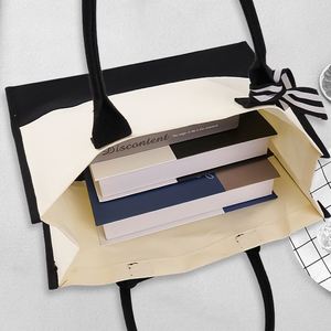 Reusable <b>Black</b> White <b>Canvas</b> <b>Tote</b> <b>Bag</b> with Striped Ribbon Custom Logo for Gift Shopping Promotion - Product Image 6