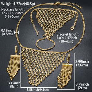 Ensemble de bijoux de mariage bohème de luxe en zircon plaqué or 14 carats avec pampilles, boucles d'oreilles, bague, collier et bracelet - Product Image 6