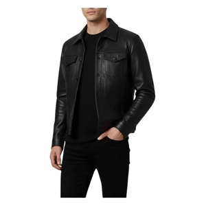Veste en cuir de mouton noir artisanale de luxe pour homme |   Veste d'hiver en cuir véritable coupe-vent à séchage rapide - Product Image 2
