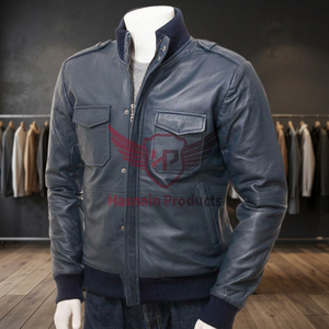 Blouson Bomber en Cuir Bleu pour Homme – Tissu de Haute Qualité, Entièrement Personnalisable, Respirant, Style Urbain Moderne et Tendance pour l'Hiver - Product Image 3