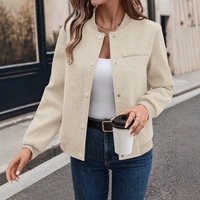 Nouvelle veste courte décontractée pour femme automne/hiver, en polyester tissé doux, col montant uni, simple boutonnage, style baseball
