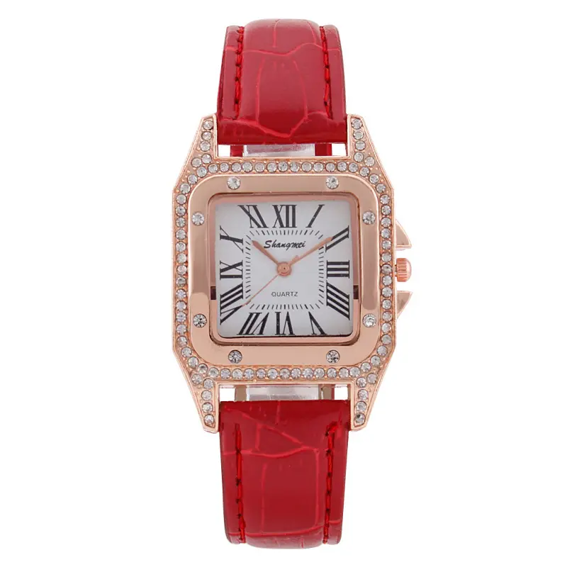 Hot Selling Shiny Diamond Square Rome Leather Watch Strap Quartz Lady Curren Wrist Watches