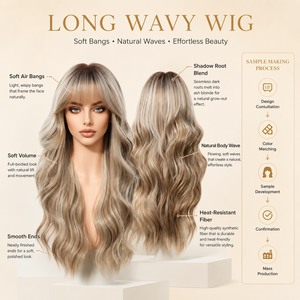 Perruque longue ondulée effet vague d'eau, blond beige cendré avec frange <span class=keywords><strong>et</strong></span> racines foncées, résistante à <span class=keywords><strong>la</strong></span> chaleur, en fibre haute température, sans colle, directement de l'usine - Product Image 3