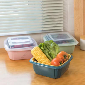 Cesta de drenaje multifuncional de plástico WDD596 al por mayor, caja de almacenamiento de alimentos de doble capa con tapa para refrigerador - Product Image 5