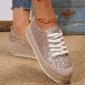 Spring and Autumn New Shiny Glitter Platform Sneaker <strong>Plus</strong> <strong>Size</strong> Women Chunky Heel Ace-up Sneakers for Women - Product Image 3