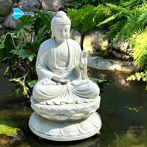 Escultura de Jardín Moderna Personalizada, Tallada en Piedra, Estatua de Buda Sentado de Tamaño Real en Mármol Blanco para Exteriores, en Venta - Product Image 6