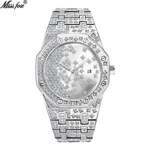 Men's 2025 Trendy Punk Hip-Hop <b>Watch</b> - Full Diamond Iced Out Gold-Tone <b>Waterproof</b> Calendar Quartz Fashion Timepiece - Product Image 2