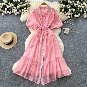 French Elegant Lapel Lantern Sleeve <strong>Dress</strong> Women's Tie-Waist Button-Down <strong>Ethereal</strong> Gown With Slim Design - Product Image 6