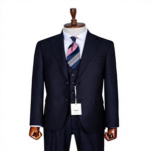 Costume d'affaires pour homme PERRE bleu marine style britannique, double boutonnage, col mandarin, tissu peigné, coupe classique, grandes tailles - Product Image 1