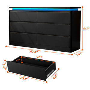 Cómoda Negra de 6 Cajones con Diseño de Perfil Curvo para Dormitorio, Cómoda de 47.2 Pulgadas de Largo con Estación de Carga y Luces LED - Product Image 6
