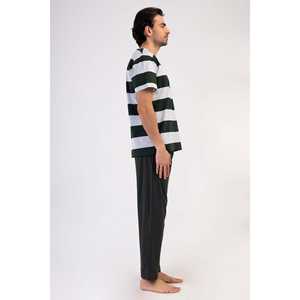 Men's Casual Crew Neck Short-Sleeve <b>Pajama</b> Set with Pockets Knitted Fabric Soft <b>Thermal</b> Sleepwear with Custom Logo Striped Print - Product Image 2