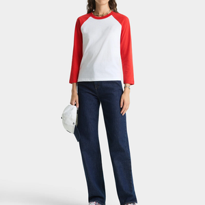 Camiseta de <span class=keywords><strong>Manga</strong></span> Tres Cuartos Raglán de Marca Propia, Cuerpo Blanco con Mangas Rojas, Ligera, Transpirable, de Algodón, para <span class=keywords><strong>Mujer</strong></span> - Product Image 3