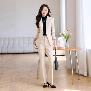 Women's Khaki Suit <b>Set</b> Full Sleeve Polyester Worsted Anti-Wrinkle <b>Office</b> Lady Autumn Workwear - Product Image 2
