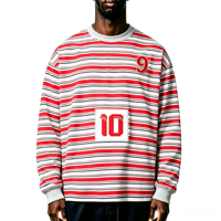 T-shirt Vintage Oversize Anti-rétrécissement à Manches Longues Col Rond Décontracté Streetwear Hip Hop avec Patch Rayé – Nouveauté Fournisseur
