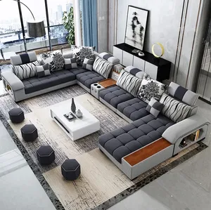 Set Sofa dan Dudukan Bentuk L, Furnitur Rumah Ruang Tamu Bingkai Kayu Abu-abu dengan 5 Tempat Duduk Modern Murah