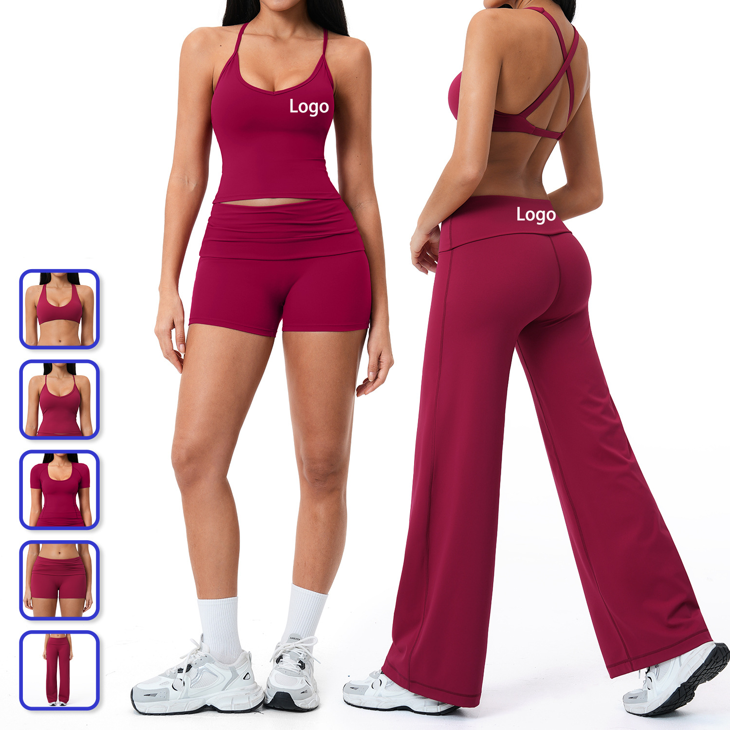Newest 5-Piece Women Yoga Sets Fitness Gym Wear Quick Dry Stylish Fold Over Brushed Tight Breathable Nude Women's Loungewear