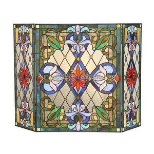 Stained Glass Fireplace <b>Screen</b> 3 <b>Panels</b> Floral Design Traditional <b>Decor</b> Blue Color Rectangle Shape Artistic <b>Decoration</b> 100*70CM - Product Image 3