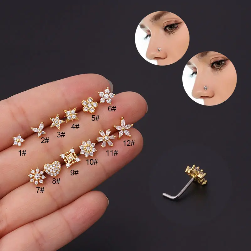 OEM Stainless Steel L Shaped Nose Studs Flower Cubic Zircon Nostril Bone Screw Indian Nose Ring Piercing