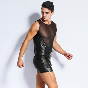 Haut en vinyle pour <span class=keywords><strong>homme</strong></span> Lingerie en similicuir et maille noire T-shirt sans manches sexy Sous-vêtements érotiques Costumes masculins sexy - Product Image 3
